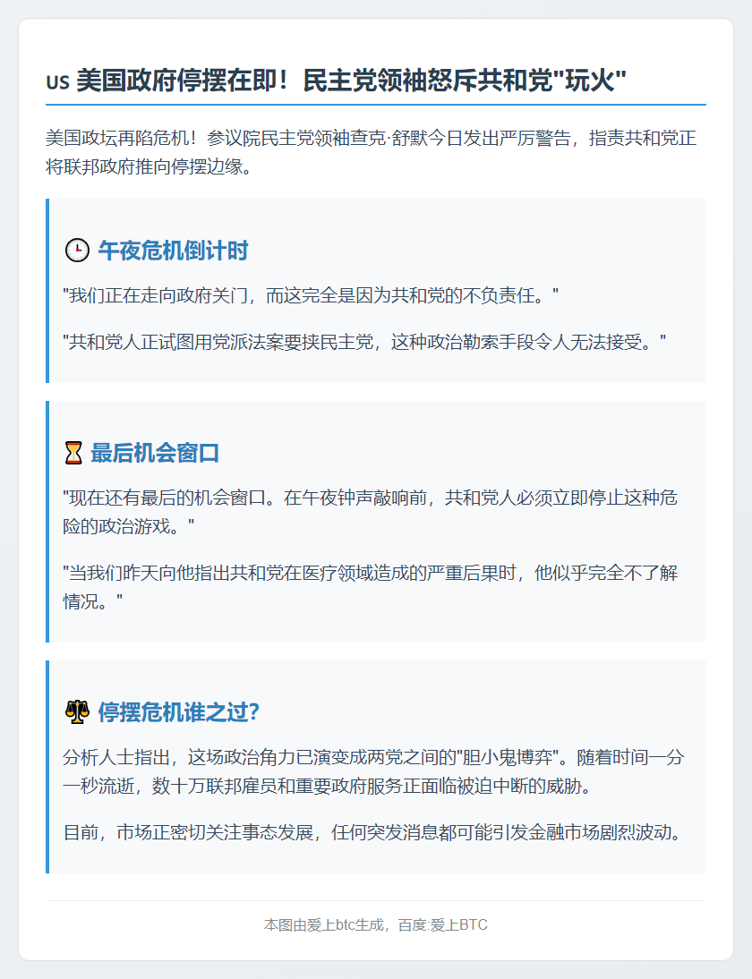 美参院民主党领袖：政府停摆归咎共和党