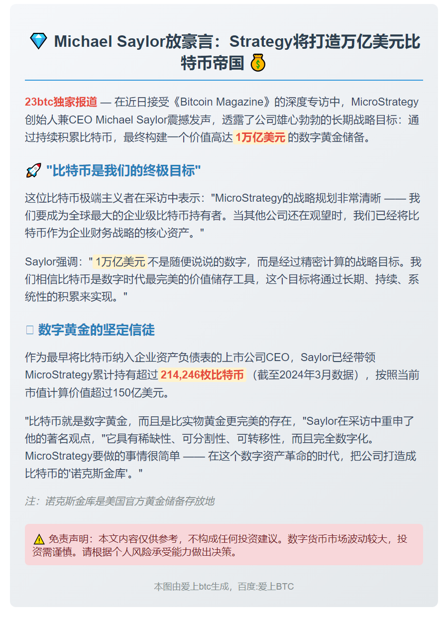 Saylor：计划囤积万亿美元BTC