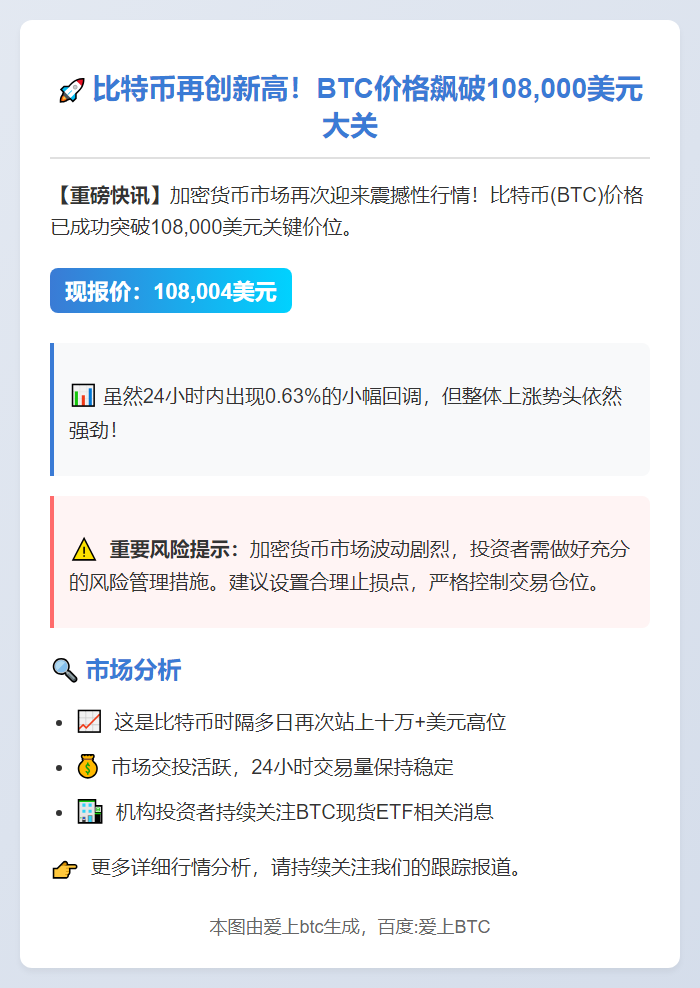 比特币突破10.8万美元