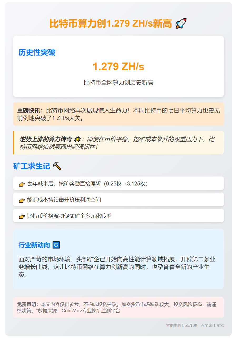 比特币算力创1.279 ZH/s新高