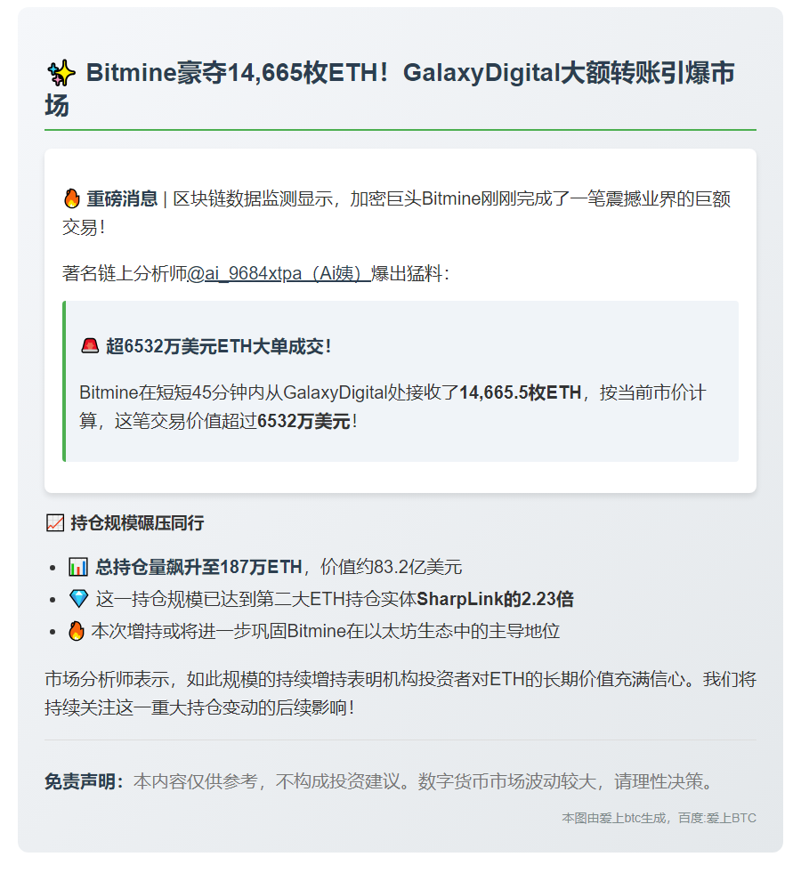 Bitmine再收GalaxyDigital1.47万ETH