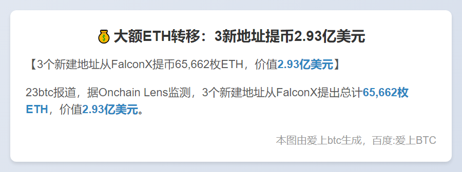 大额ETH转移：3新地址提币2.93亿美元