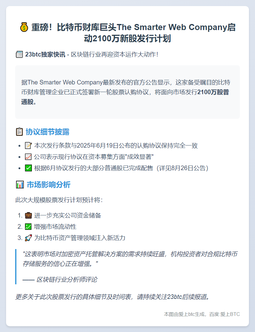 比特币财库The Smarter Web发2100万普通股