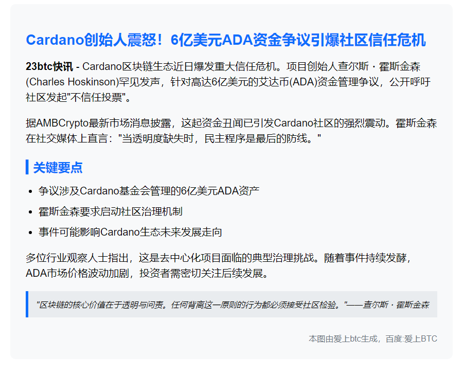 Cardano创始人呼吁对6亿ADA丑闻发起不信任投票