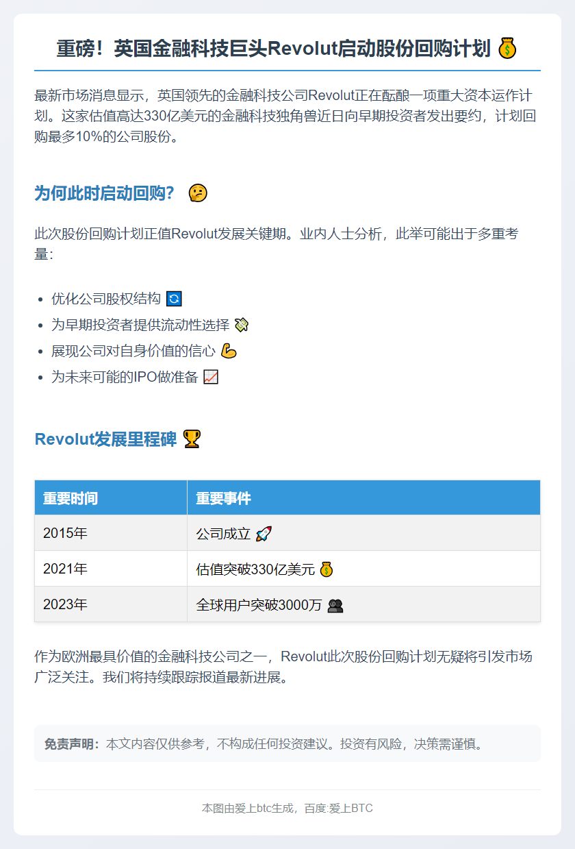 "Revolut拟回购10%早期股份"
