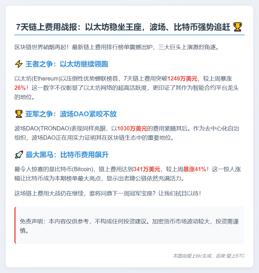 7天链上费用榜：以太坊1249万美元居首
