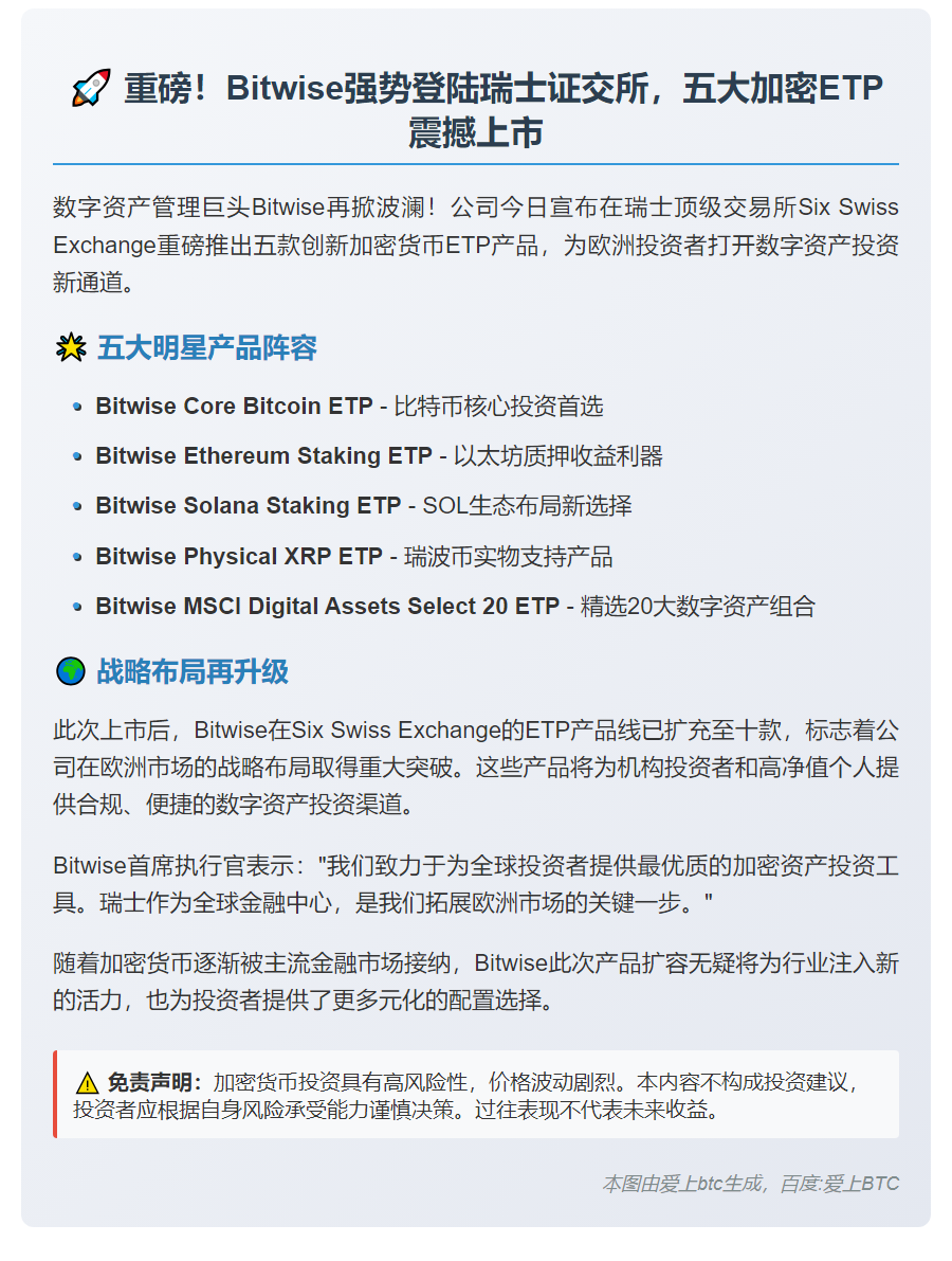 Bitwise瑞士上市5种加密ETP涵盖BTC、XRP、SOL