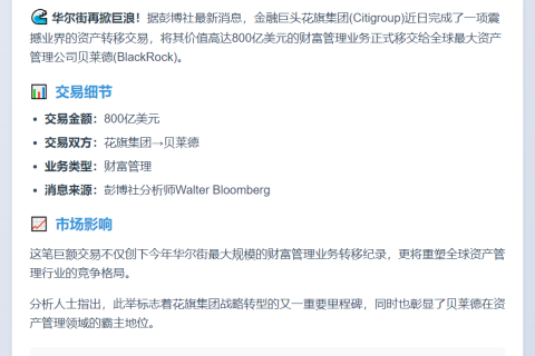 花旗向贝莱德移交800亿美元财富管理资产