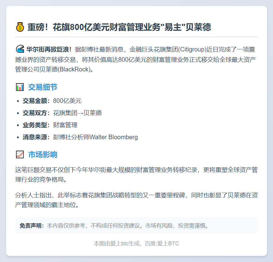 花旗向贝莱德移交800亿美元财富管理资产