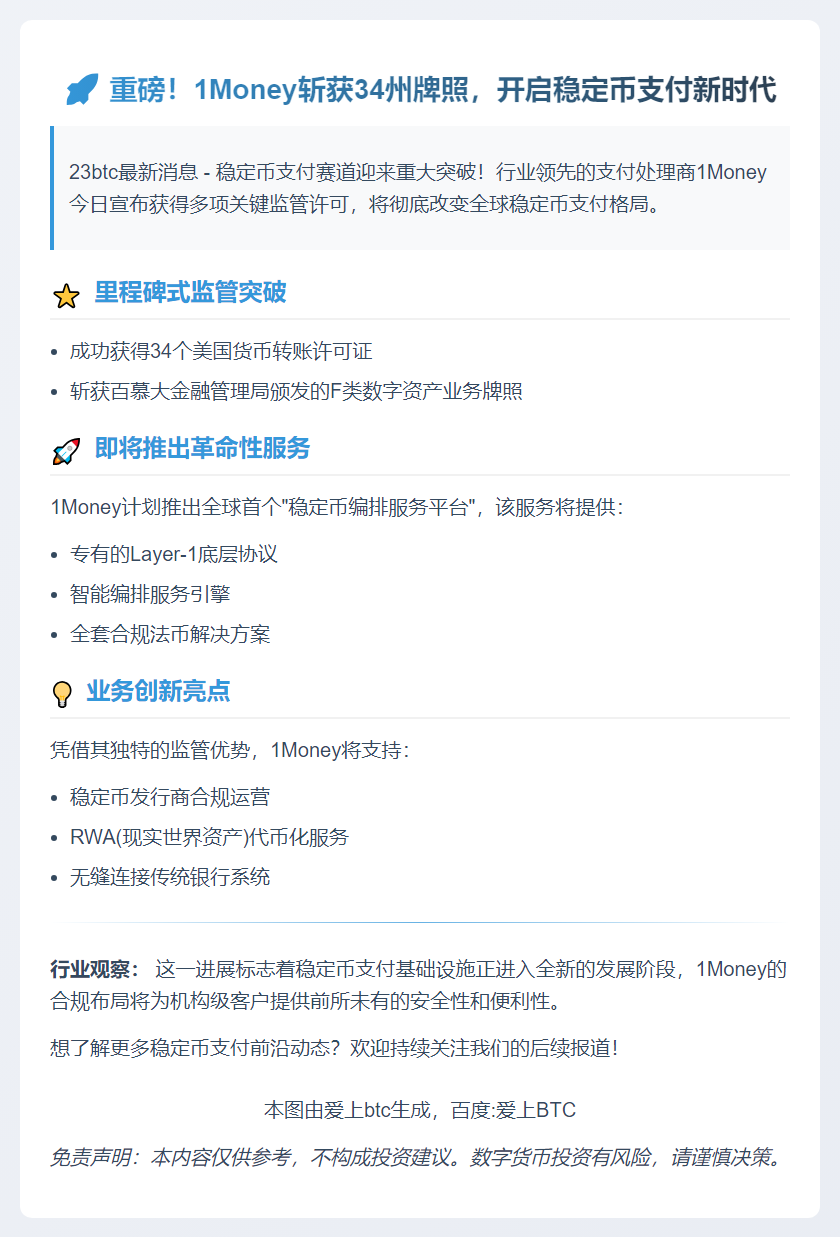 1Money获34个美国支付牌照