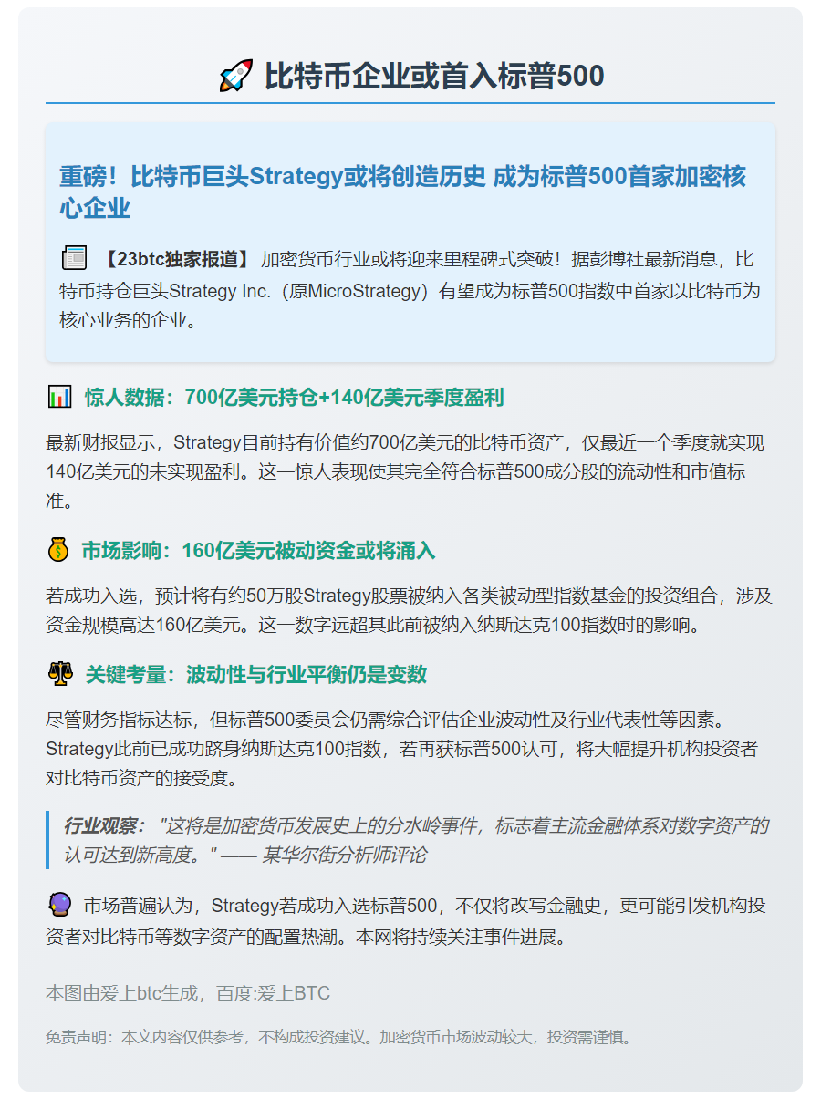 比特币企业或首入标普500