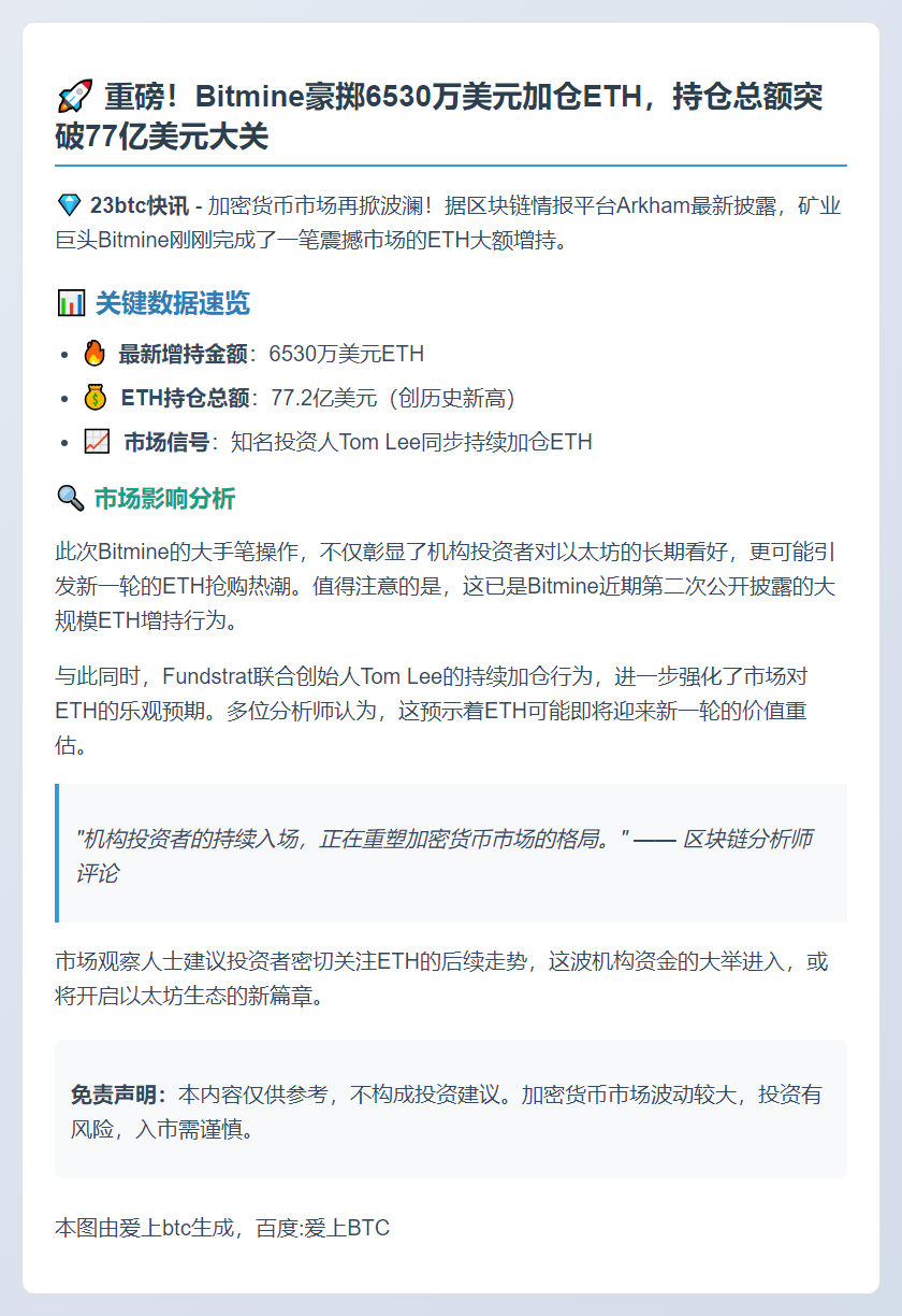 Bitmine增持6530万美元ETH