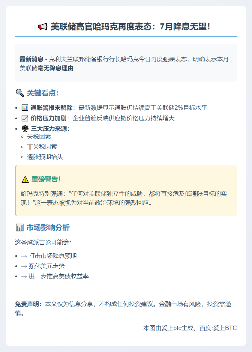 美联储官员哈玛克重申本月没有理由降息