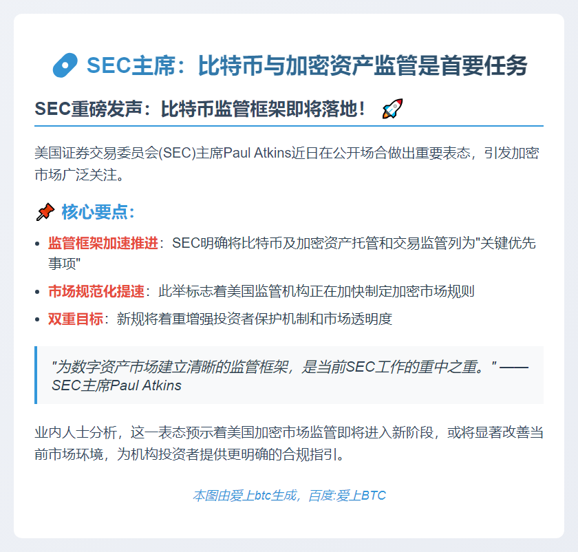 SEC主席：比特币与加密资产监管是首要任务