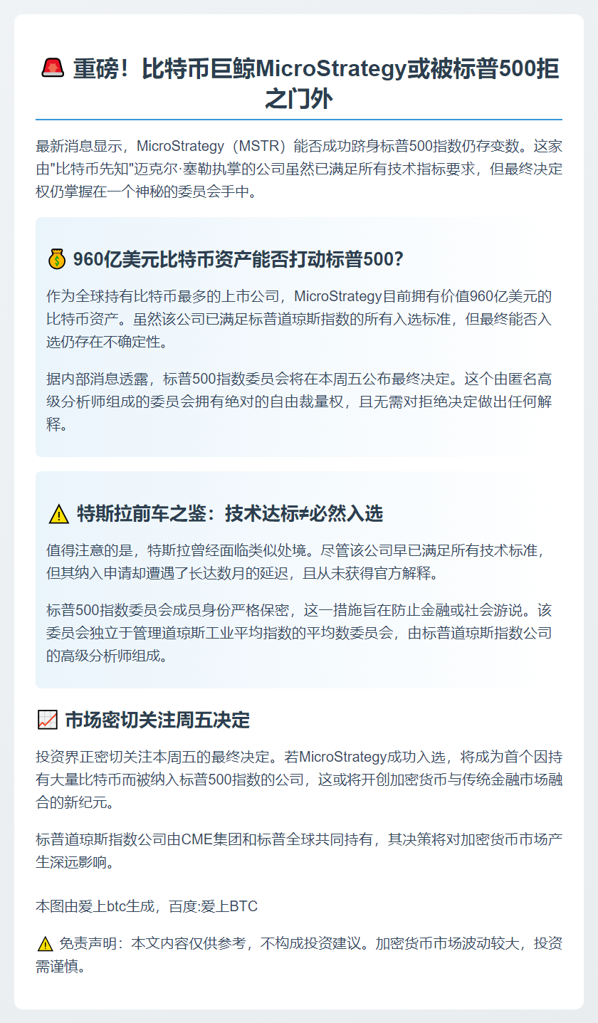 标普500或拒MSTR入指