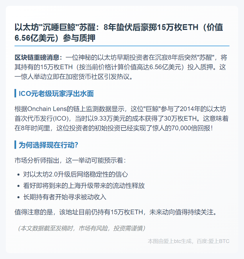 以太坊巨鲸8年后质押15万ETH