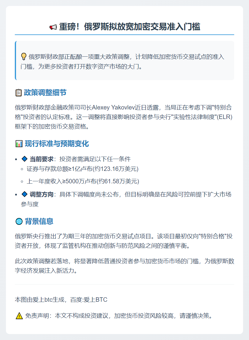 俄财政部拟降低加密交易试点门槛