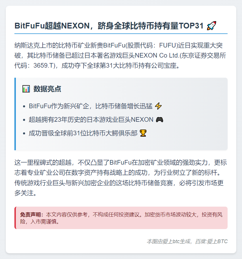 BitFuFu比特币持有量超NEXON