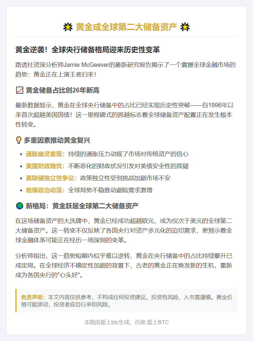黄金成全球第二大储备资产