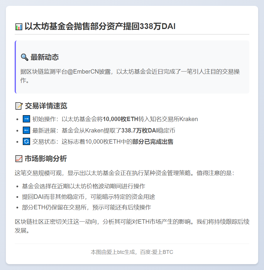 以太坊基金会抛售部分资产提回338万DAI