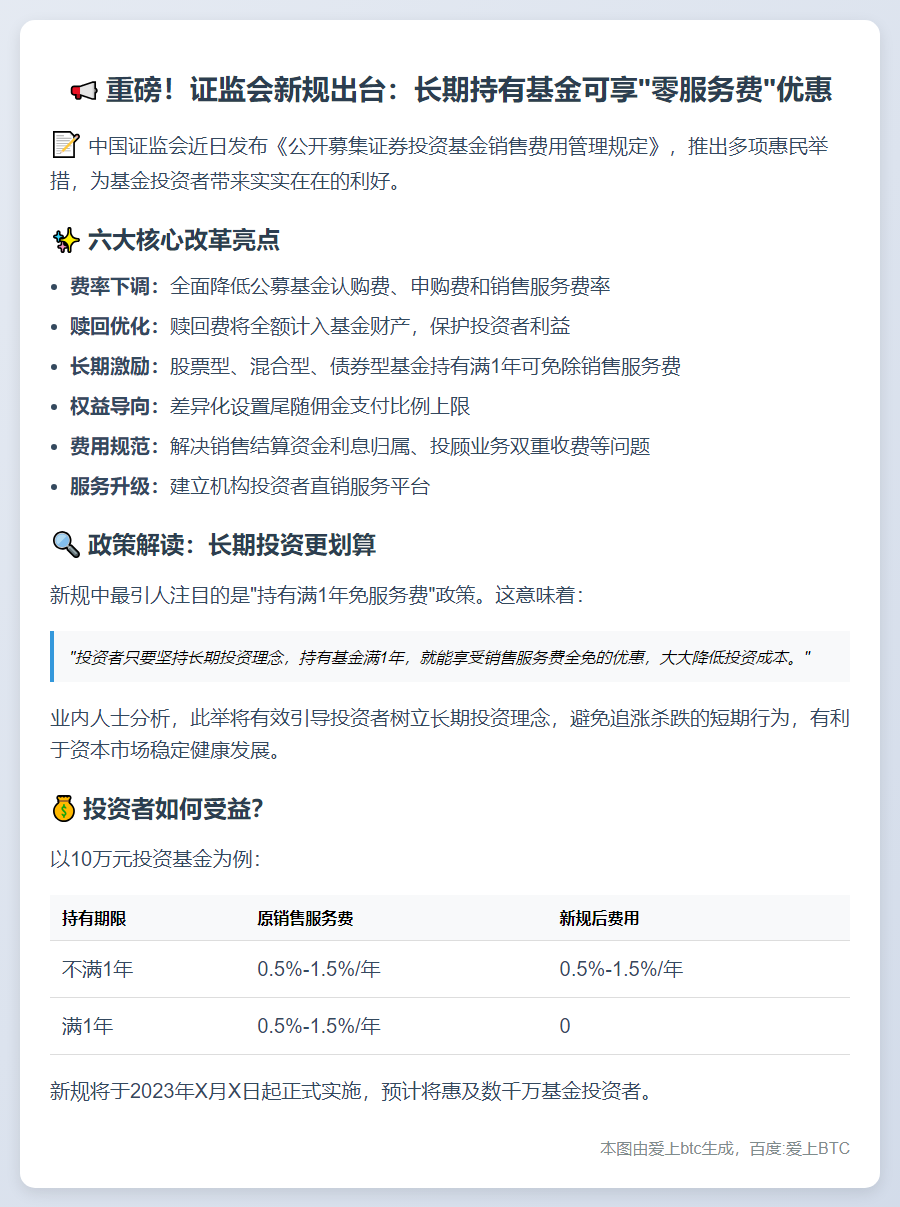 证监会：长期持有基金免收销售服务费