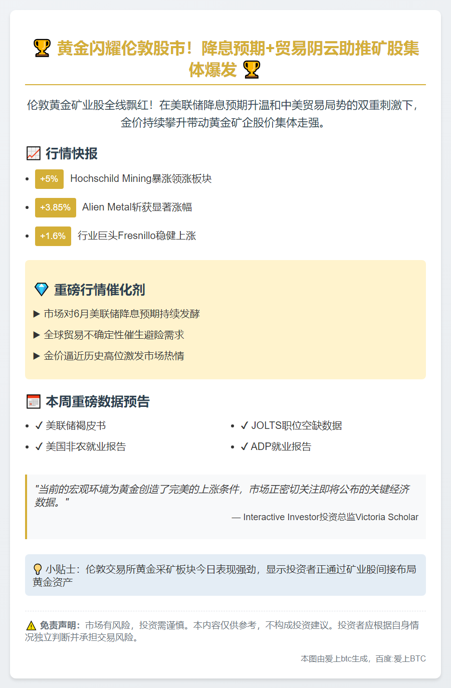 降息贸易助力 伦敦金矿股走高