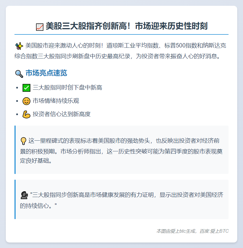 美股三大股指齐创盘中新高