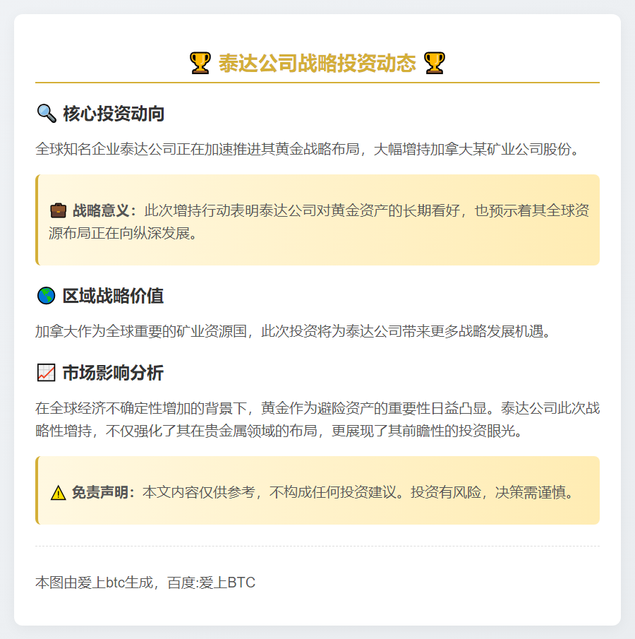 泰达增持加拿大黄金股份