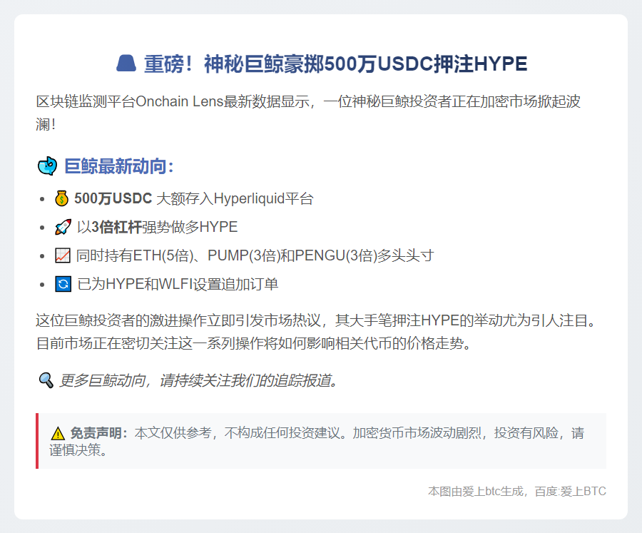 巨鲸500万USDC加3倍杠杆做多HYPE