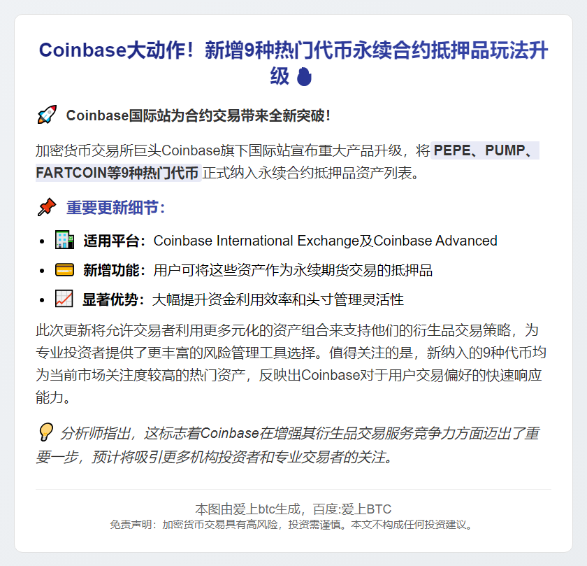 Coinbase国际站新增9种资产作为永续合约抵押品