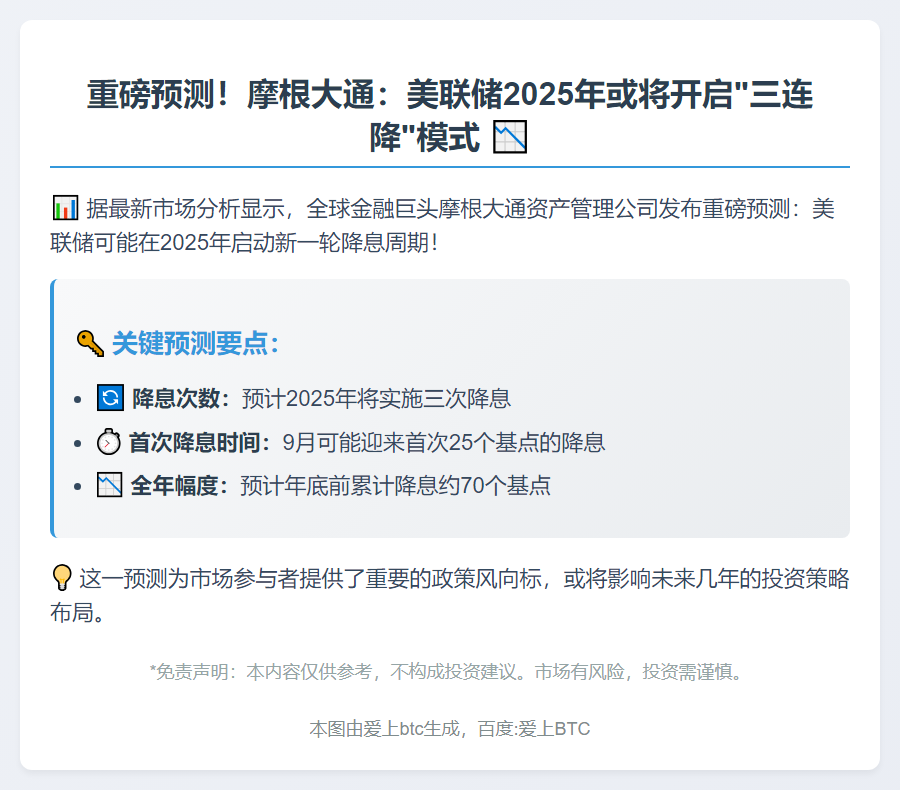 摩根大通：美联储2025年或降息三次