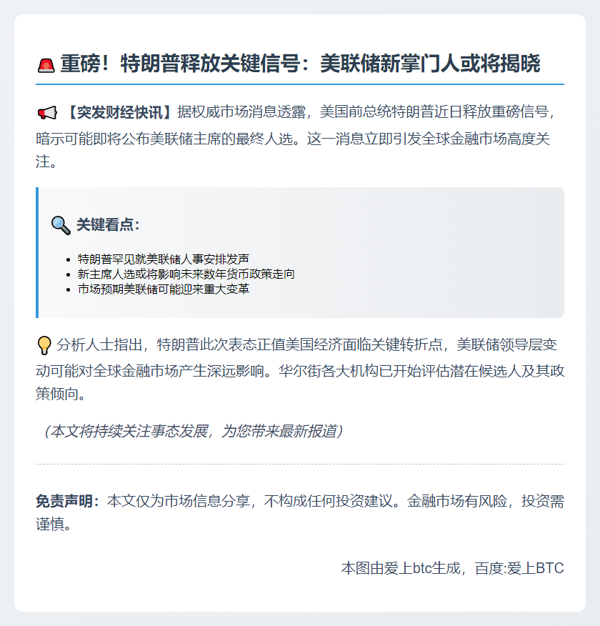 特朗普将公布美联储主席人选