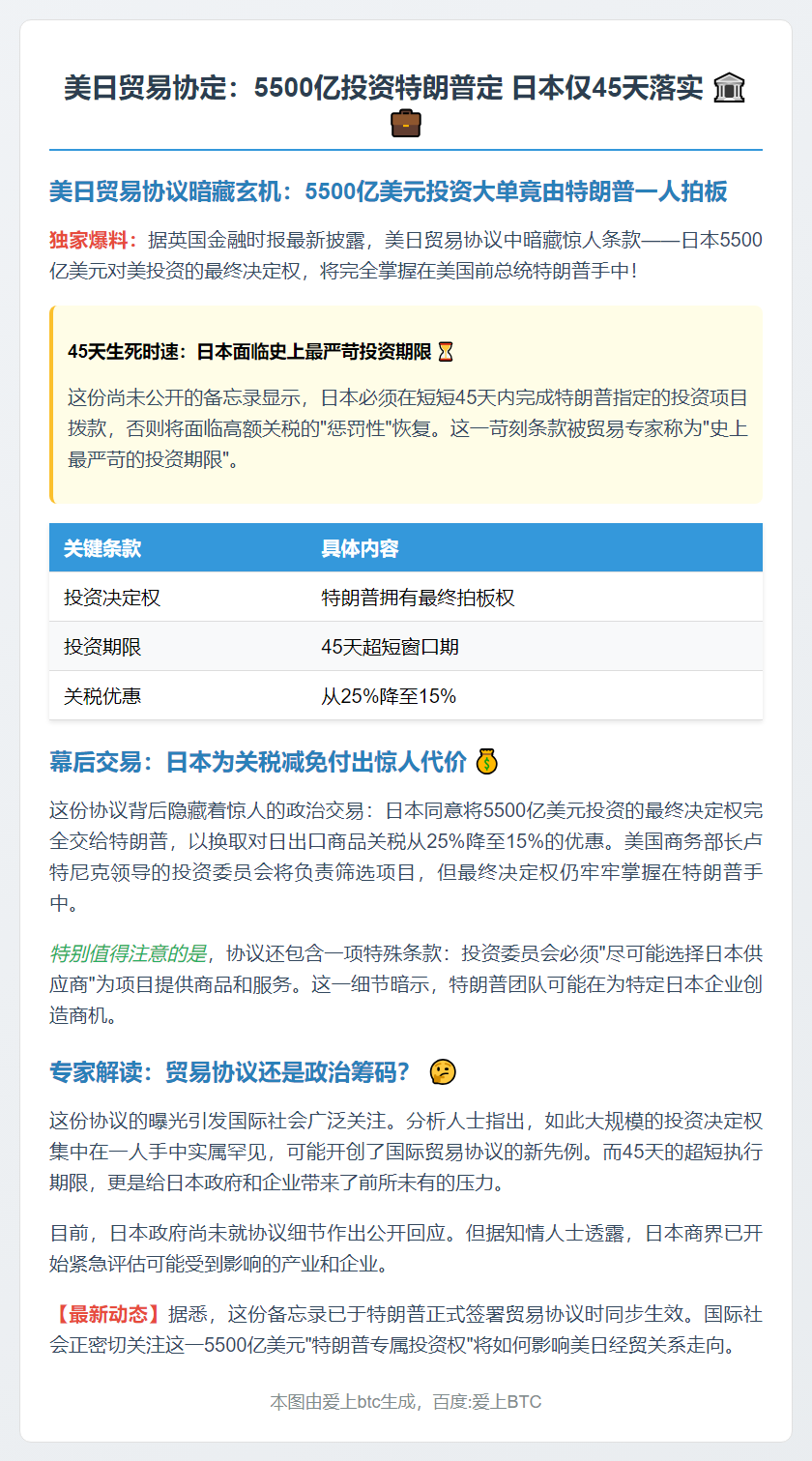 美日贸易协定：5500亿投资特朗普定 日本仅45天落实