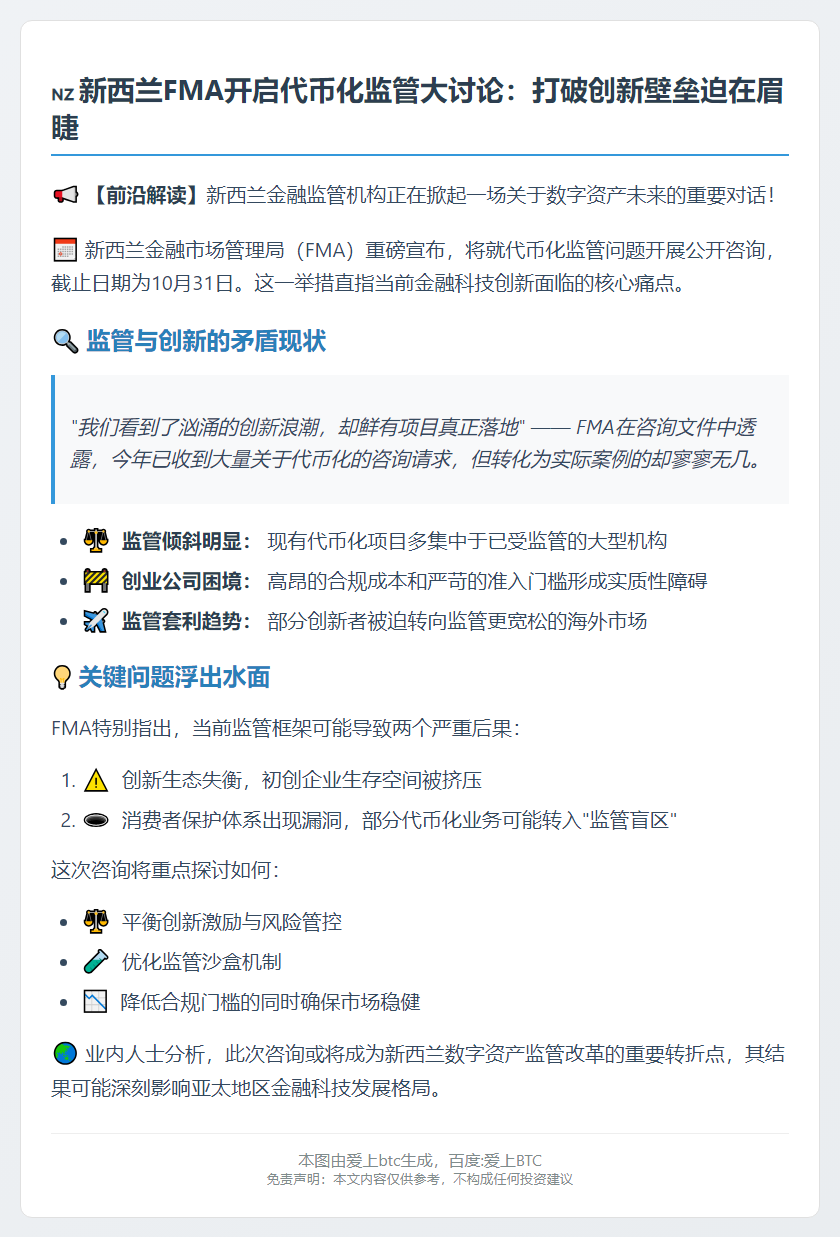 新西兰FMA就代币化监管征询意见