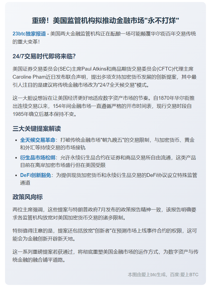 美监管机构提议金融市场全天候交易