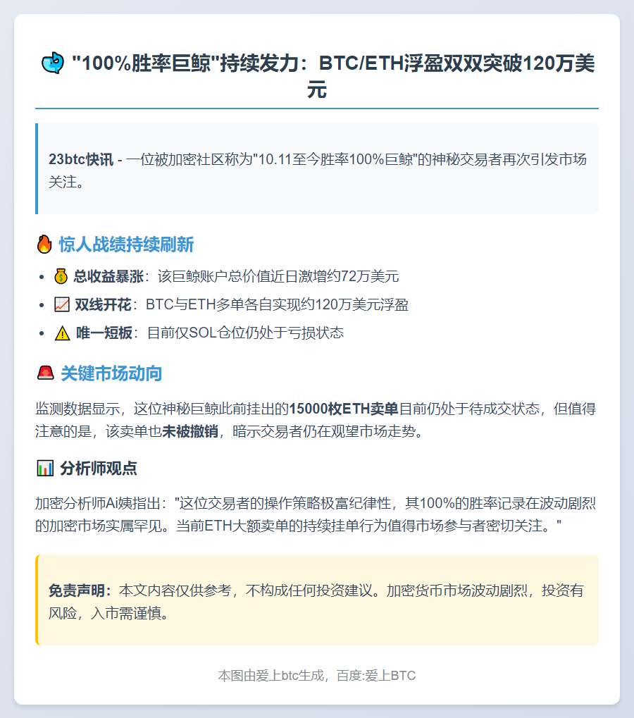 "巨鲸10月至今100%胜率，BTC/ETH浮盈240万"