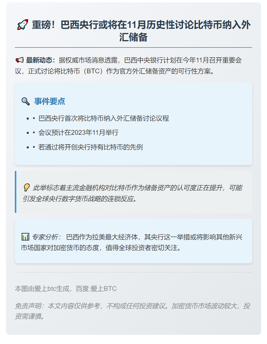 巴西央行11月拟议比特币入外汇储备