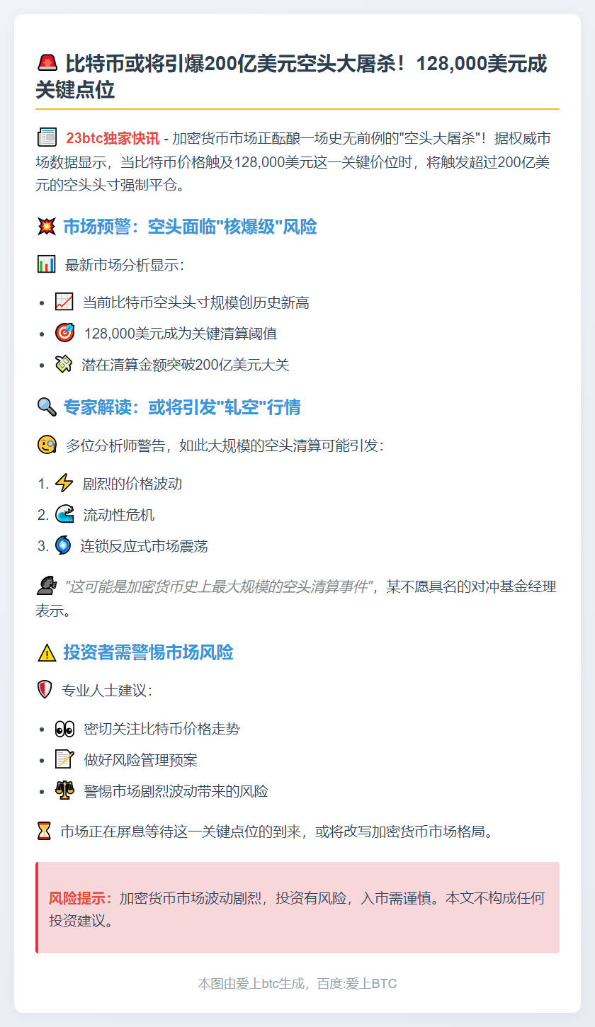 比特币若破12.8万，200亿空头将爆仓