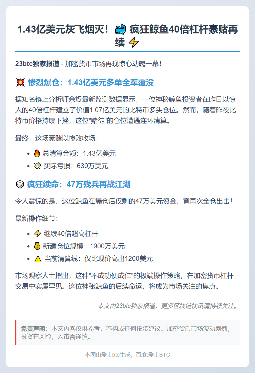 鲸鱼1.43亿多仓爆仓，亏630万