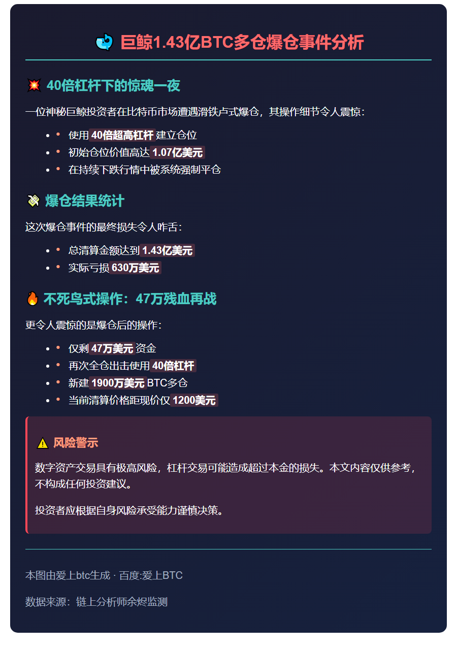 鲸鱼1.43亿BTC多仓爆仓，亏630万