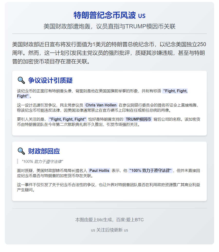 美财政部发特朗普币遭议员抨击