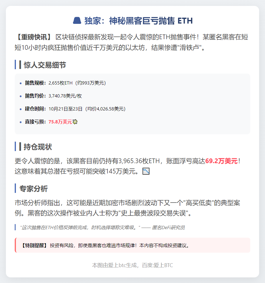 黑客抛售2655 ETH，亏损75.8万美元