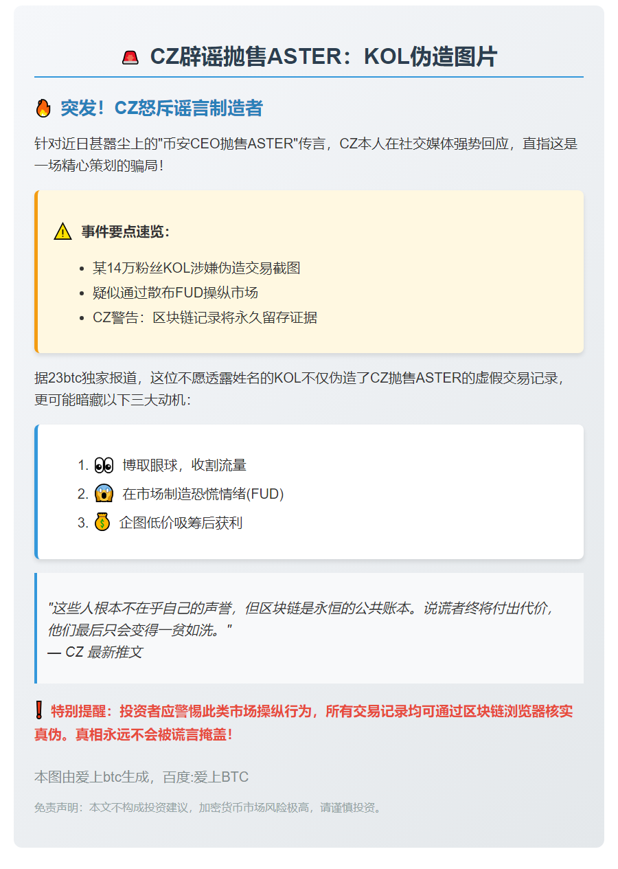 CZ辟谣抛售ASTER：KOL伪造图片