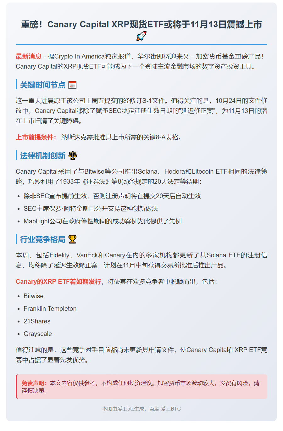 Canary Capital XRP现货ETF或11月13日上市