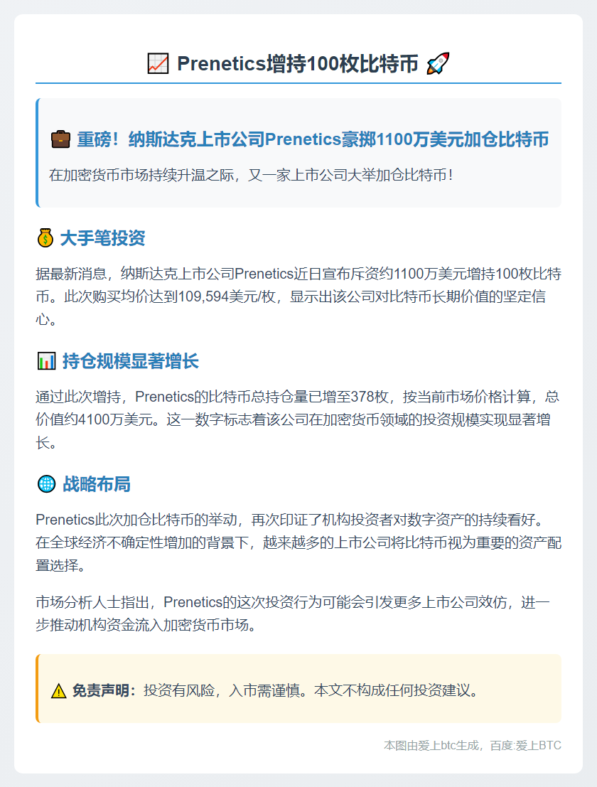 Prenetics增持100枚比特币