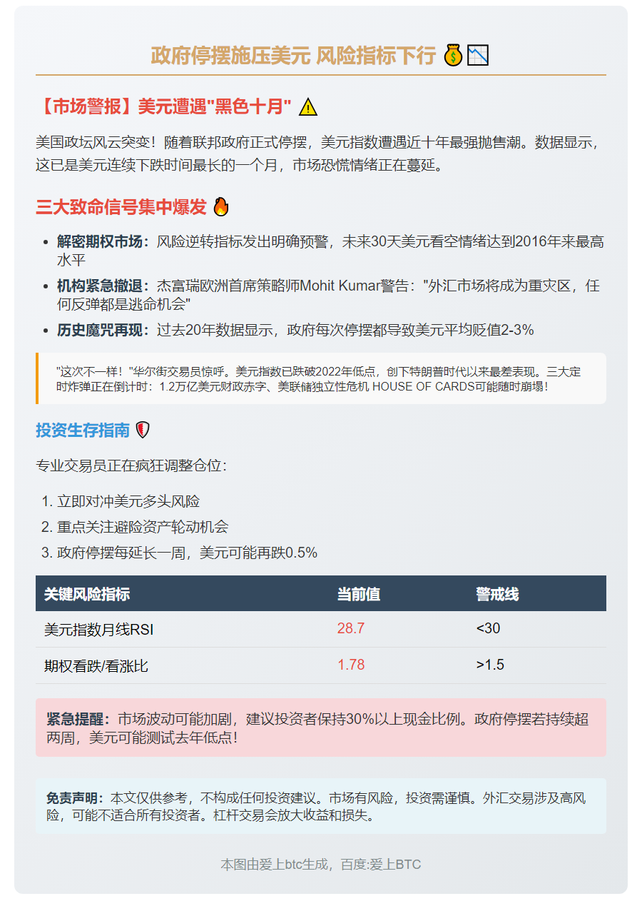 政府停摆施压美元 风险指标下行
