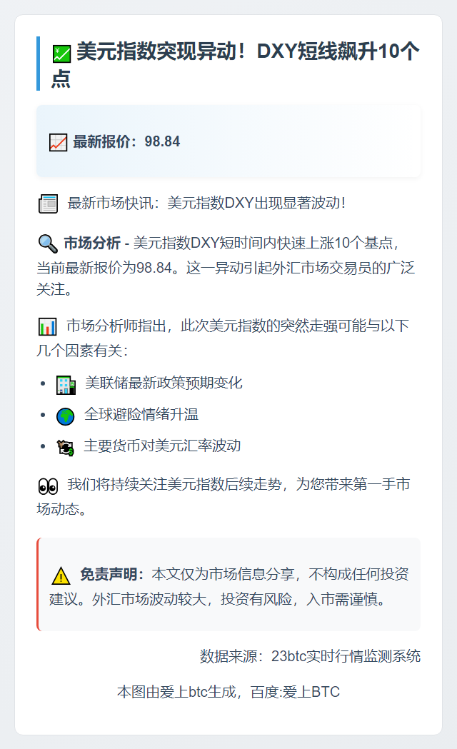 美元指数短线涨10点至98.84