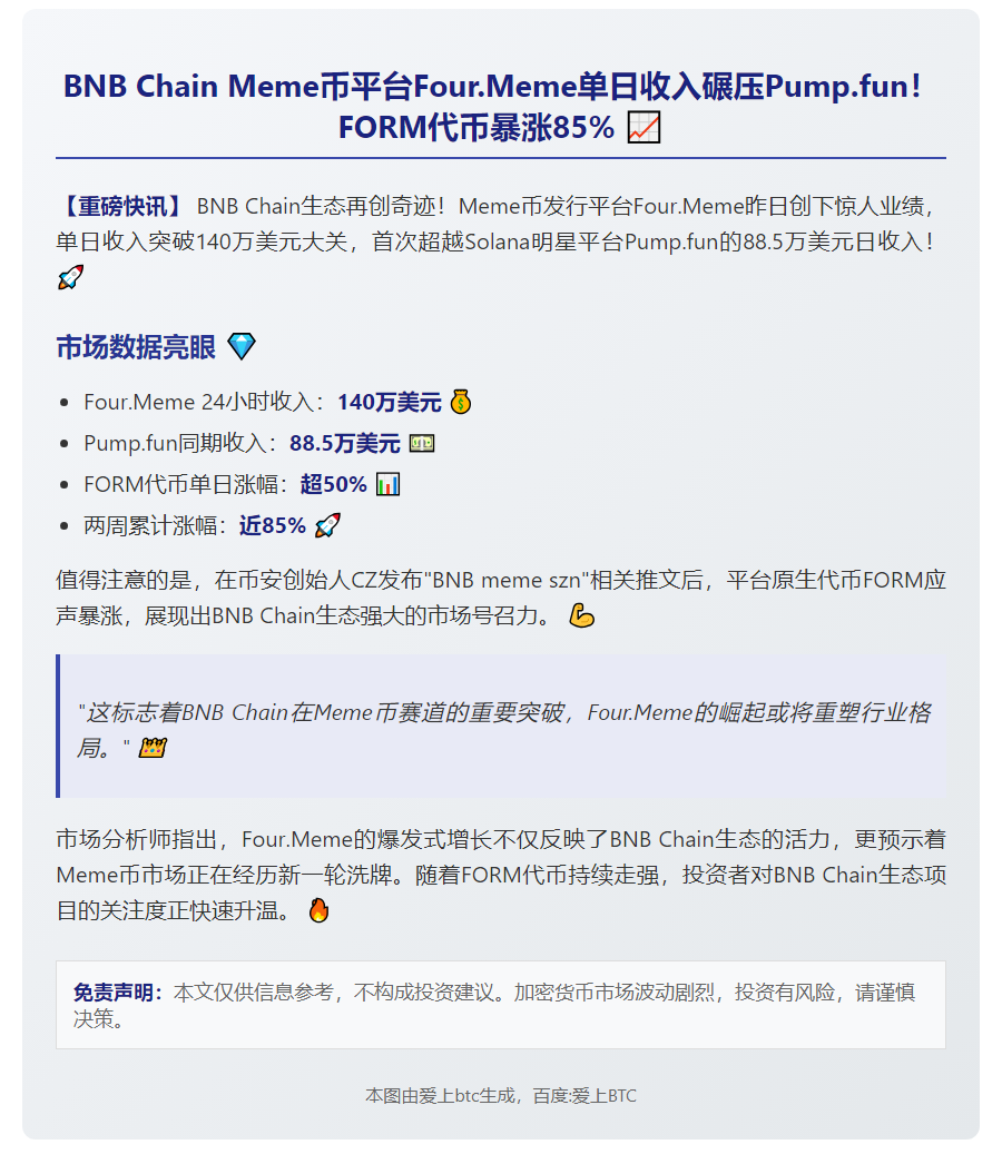 BNB链Meme平台Four.Meme日收超Pump.fun