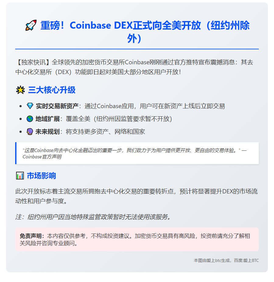 Coinbase DEX开放美国用户（纽约除外）