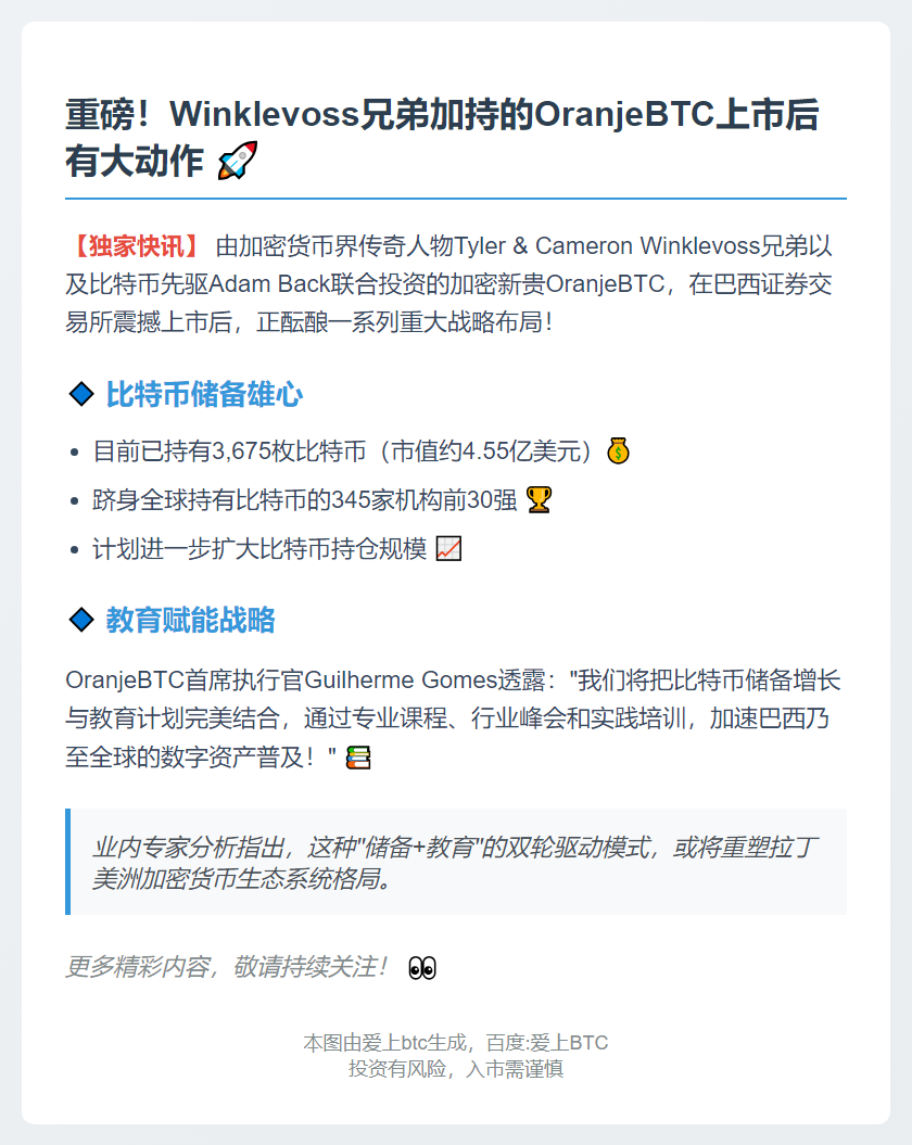 OranjeBTC上市后拟增持比特币并推动巴西加密教育